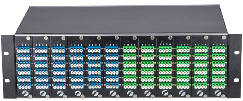 3HE/4HE Baugruppenträger ODF System mit 7TE Spleißmodulen für modulare Glasfaser-Infrastruktur - Frontansicht bestückt