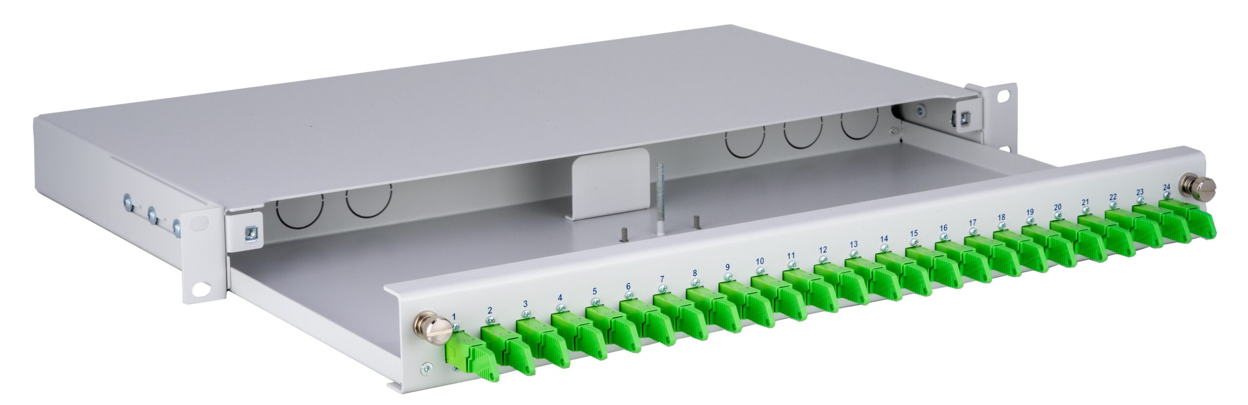 SlimConnect 1HE Spleißbox für professionelle Glasfaserverteilung - Frontansicht mit DIAMOND E2000 Anschlüssen