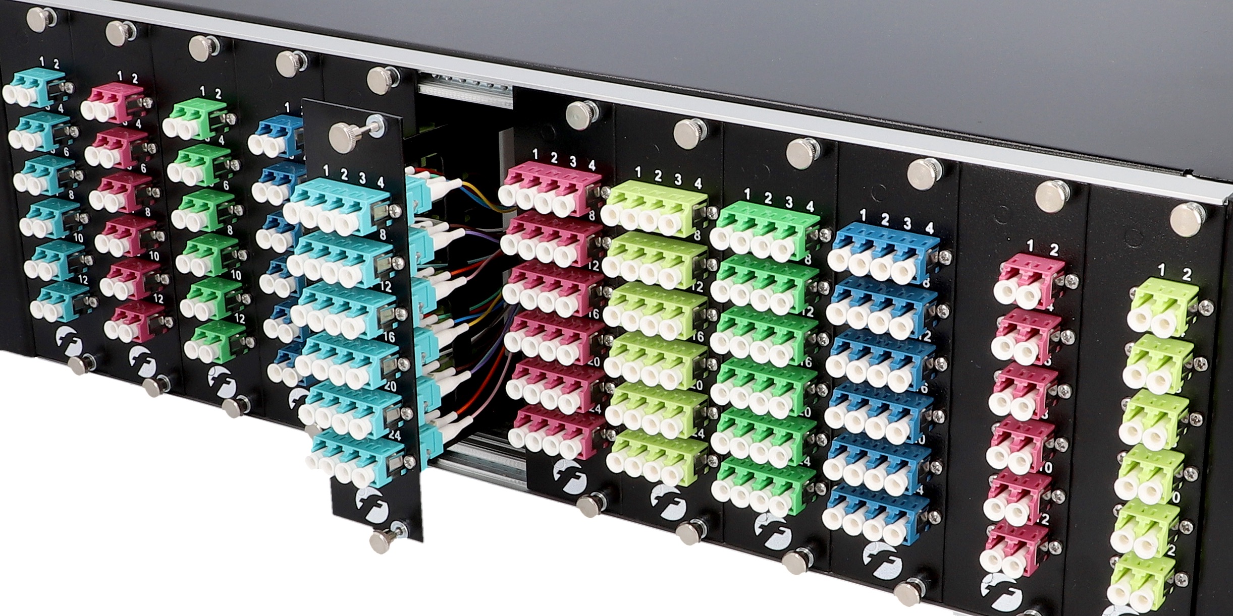 3HE Baugruppenträger ODF System mit 7TE Spleißmodulen - modulare Glasfaser-Verteiler Seitenansicht