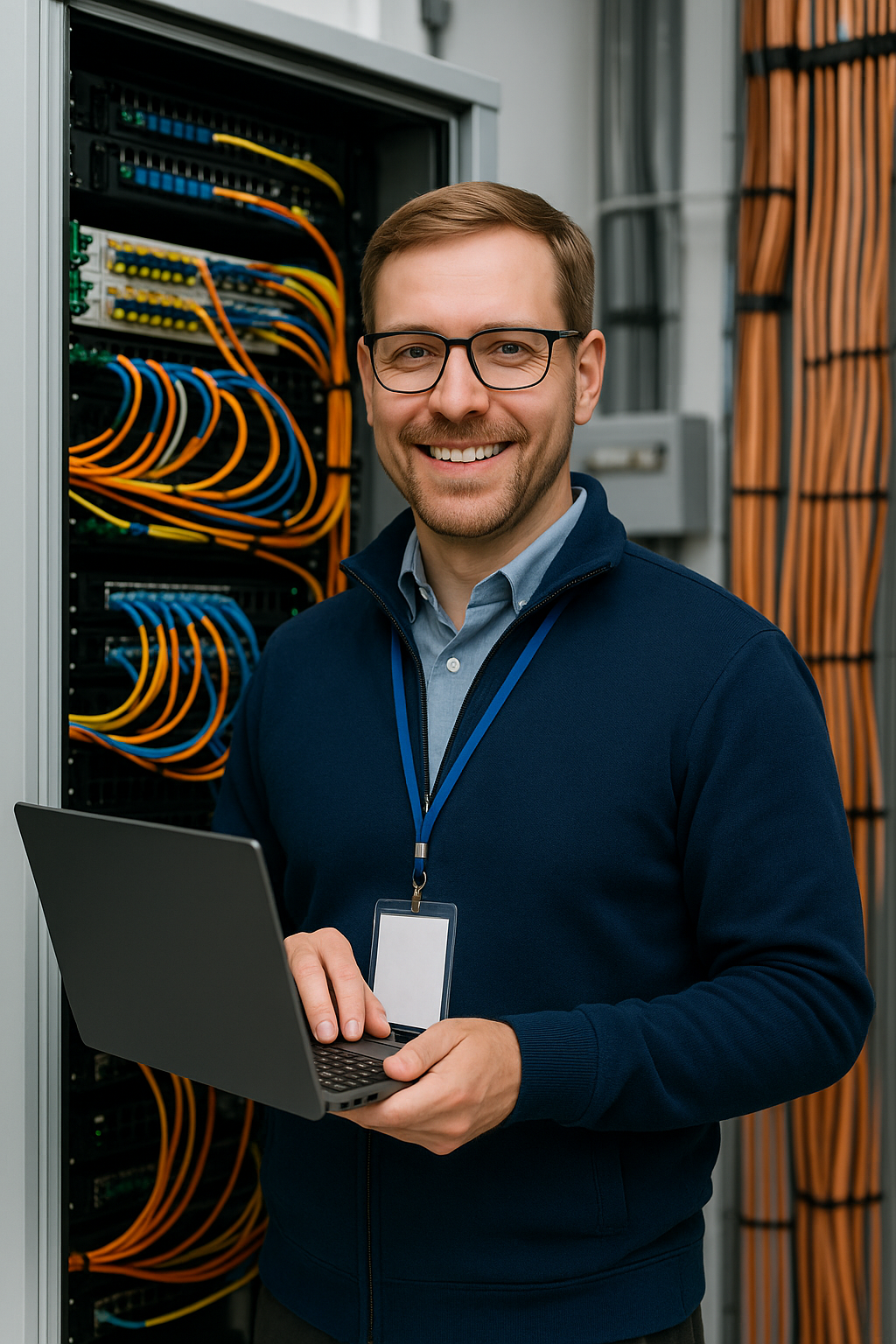 Technician with laptop checks fiber optic cabling in the server room – Fiber optic solutions for network operators in modern IT infrastructures