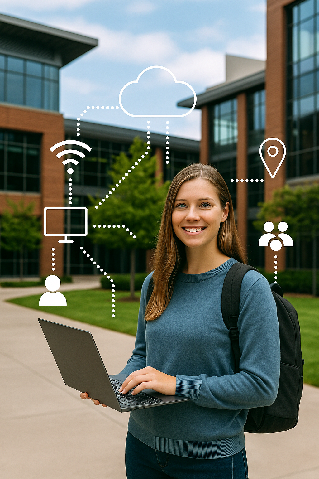 Glasfaserlösungen für Bildungseinrichtungen – Studentin mit Laptop auf einem modernen Bildungscampus mit vernetzter Infrastruktur