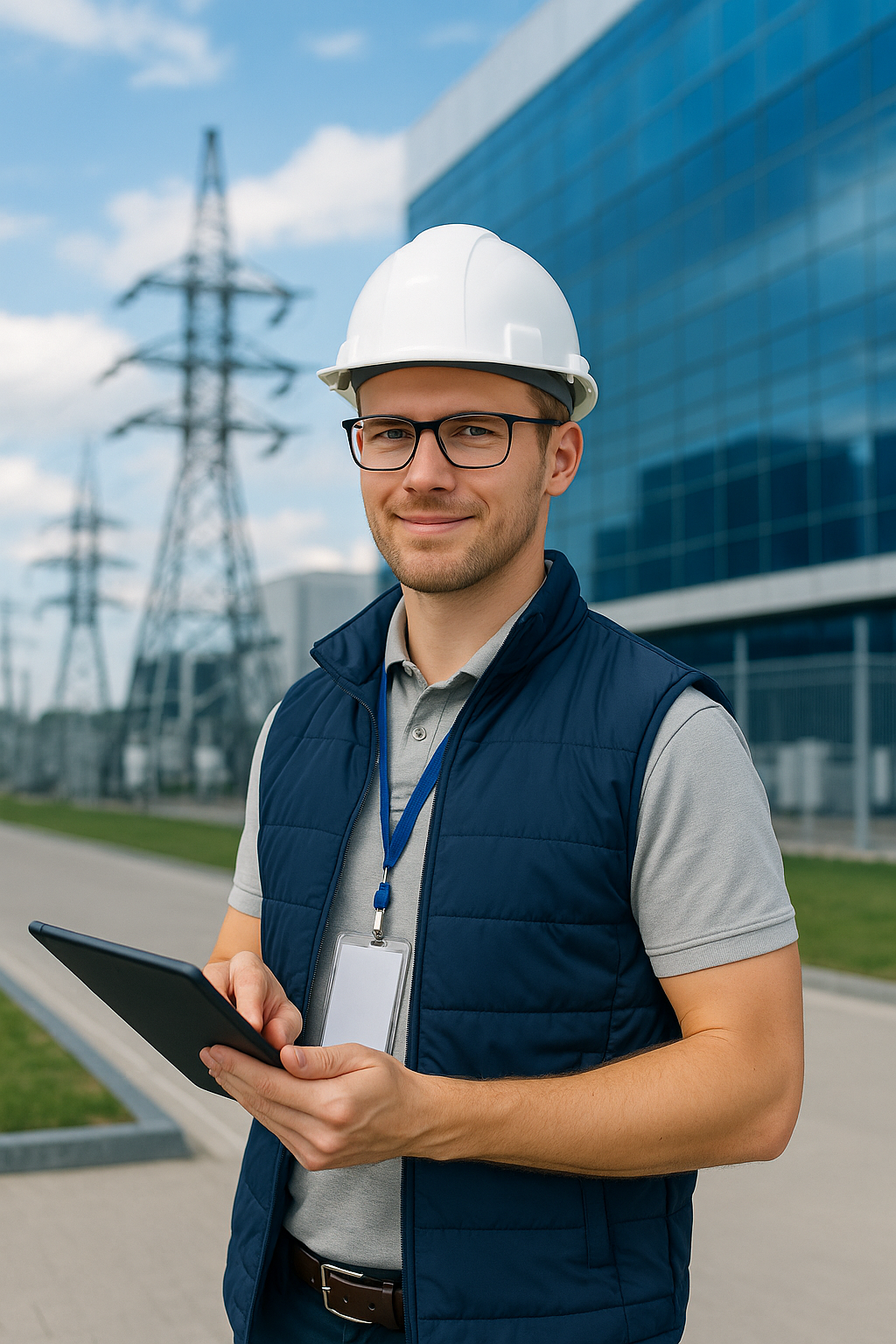 Techniker mit Tablet vor Umspannwerk – Glasfaserlösungen für Stadtwerke