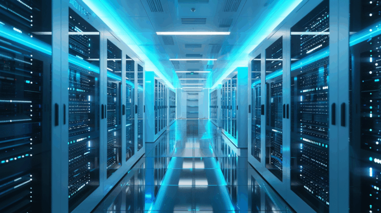Modern AI data center corridor with GPU racks and blue lighting