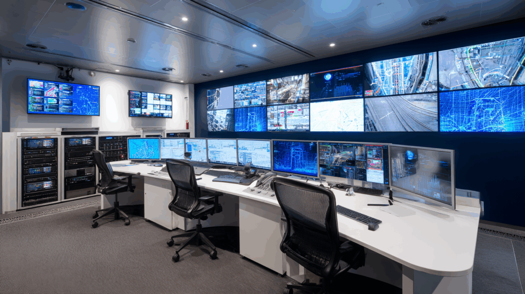 "Modern subway control room with multiple monitors showing real-time transit data, VarioConnect fiber optic systems in server racks, corporate blue and white color scheme, professional lighting, high-tech atmosphere --ar 16:9