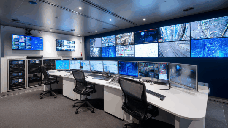 "Modern subway control room with multiple monitors showing real-time transit data, VarioConnect fiber optic systems in server racks, corporate blue and white color scheme, professional lighting, high-tech atmosphere --ar 16:9
