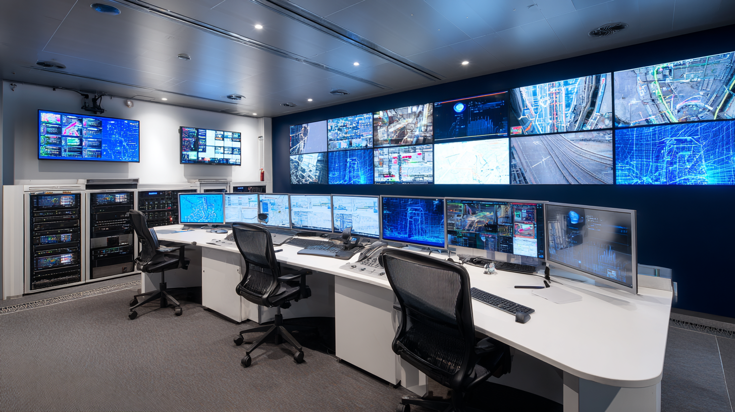 "Modern subway control room with multiple monitors showing real-time transit data, VarioConnect fiber optic systems in server racks, corporate blue and white color scheme, professional lighting, high-tech atmosphere --ar 16:9