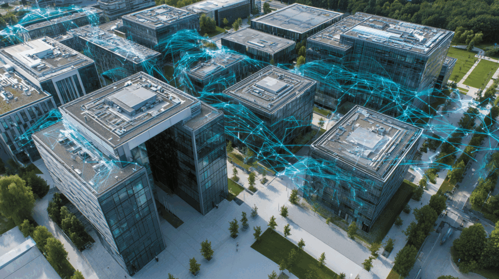 Modern university campus with fiber optic network infrastructure, glass buildings connected by organized cables, blue and white design, academic atmosphere --ar 16:9