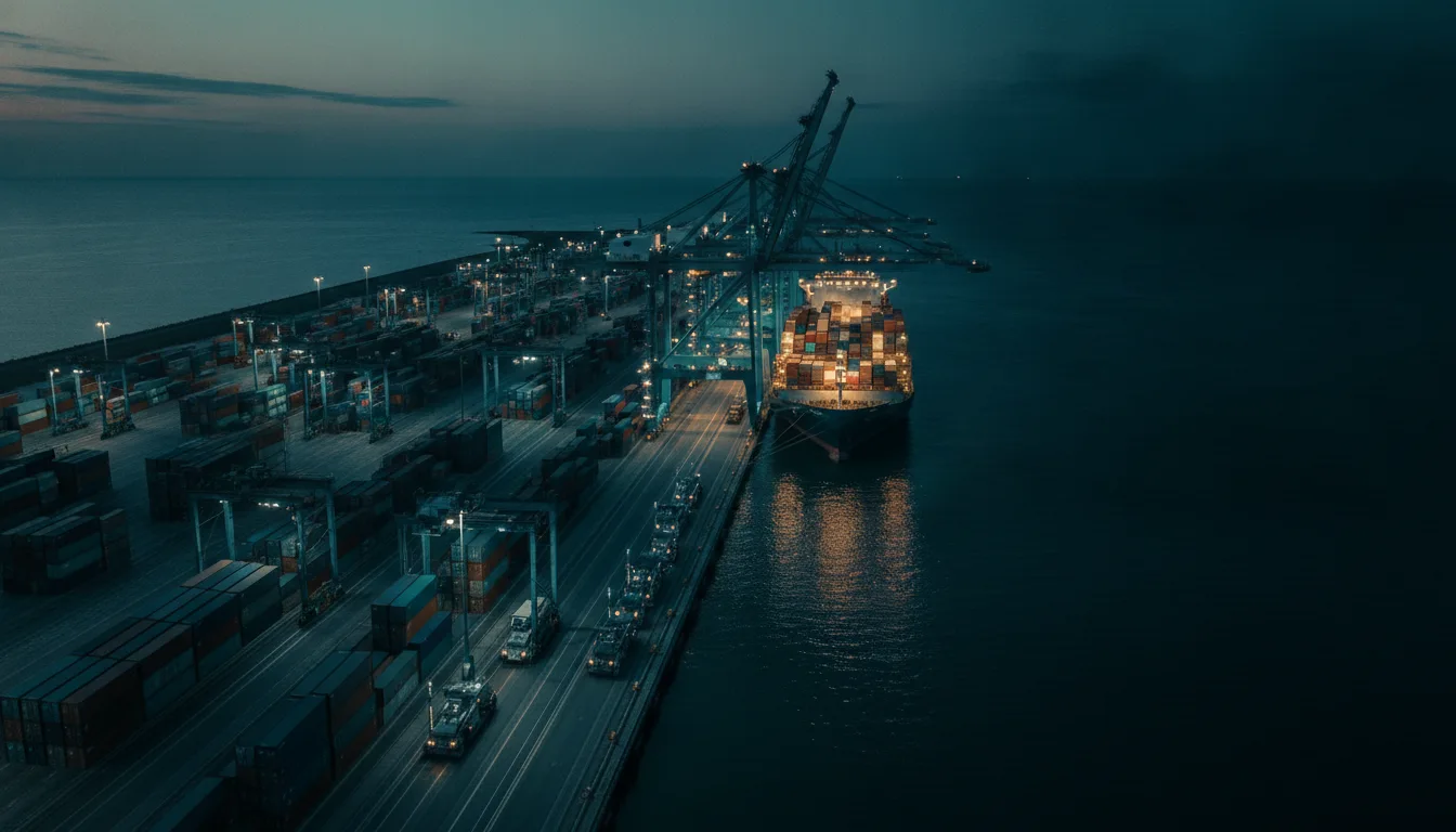 Automated container terminal at dusk with straddle carriers and gantry cranes