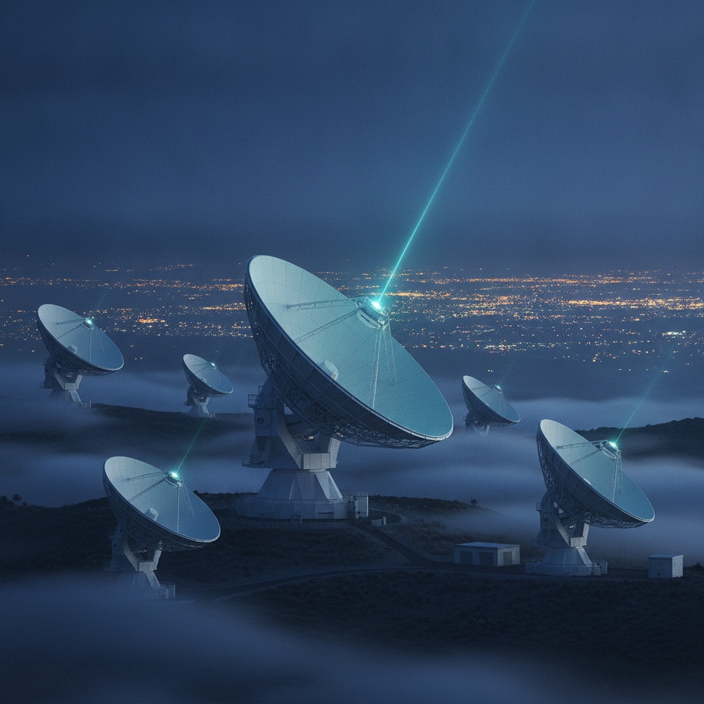 Bodenstation mit mehreren Parabolantennen empfaengt Laser-Downlinks aus dem Orbit