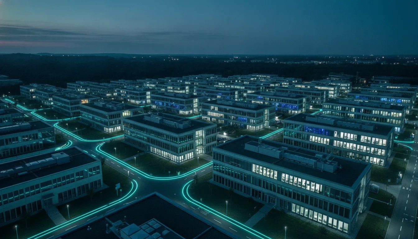 Gewerbepark in der Abenddaemmerung mit modernen Buerogebaeuden