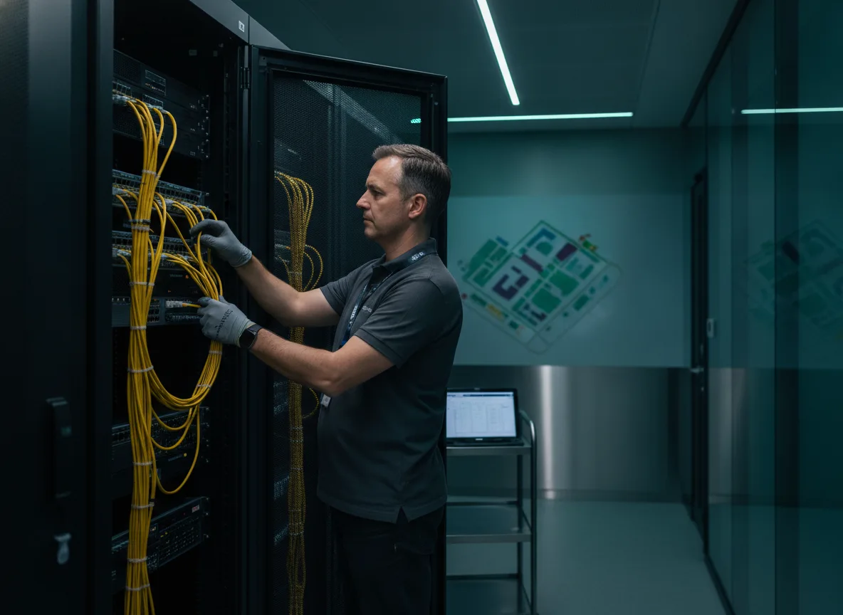 Technician patching fiber cables in a campus IT room