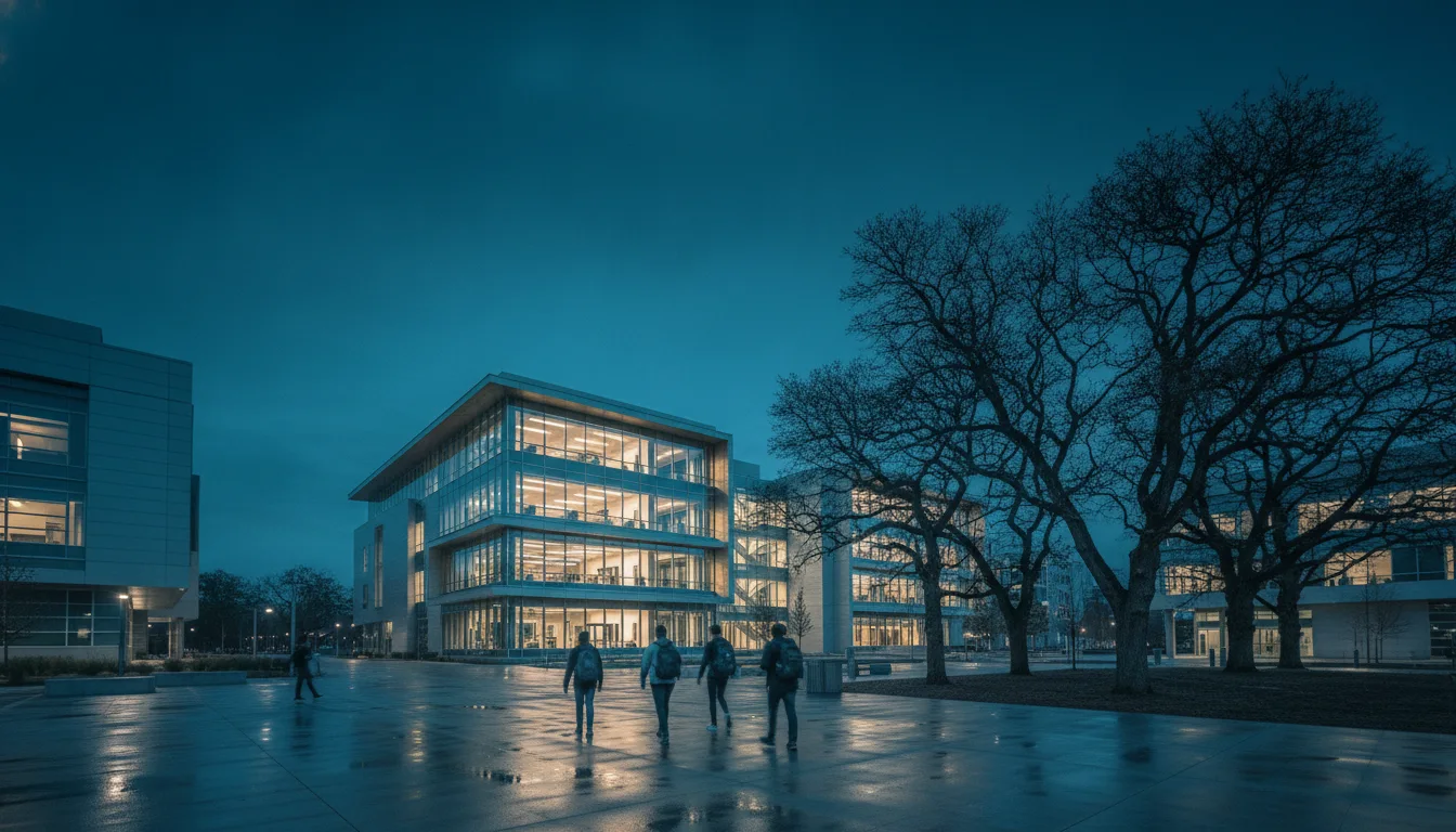 Modern university campus library at blue hour