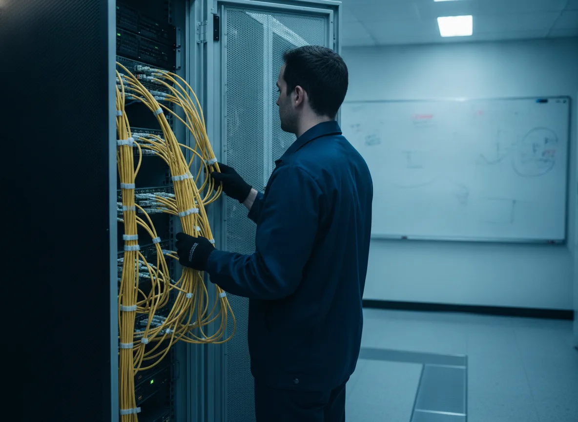 IT-Techniker am offenen Netzwerkschrank im Hochschul-Serverraum mit Glasfaser-Patchkabeln