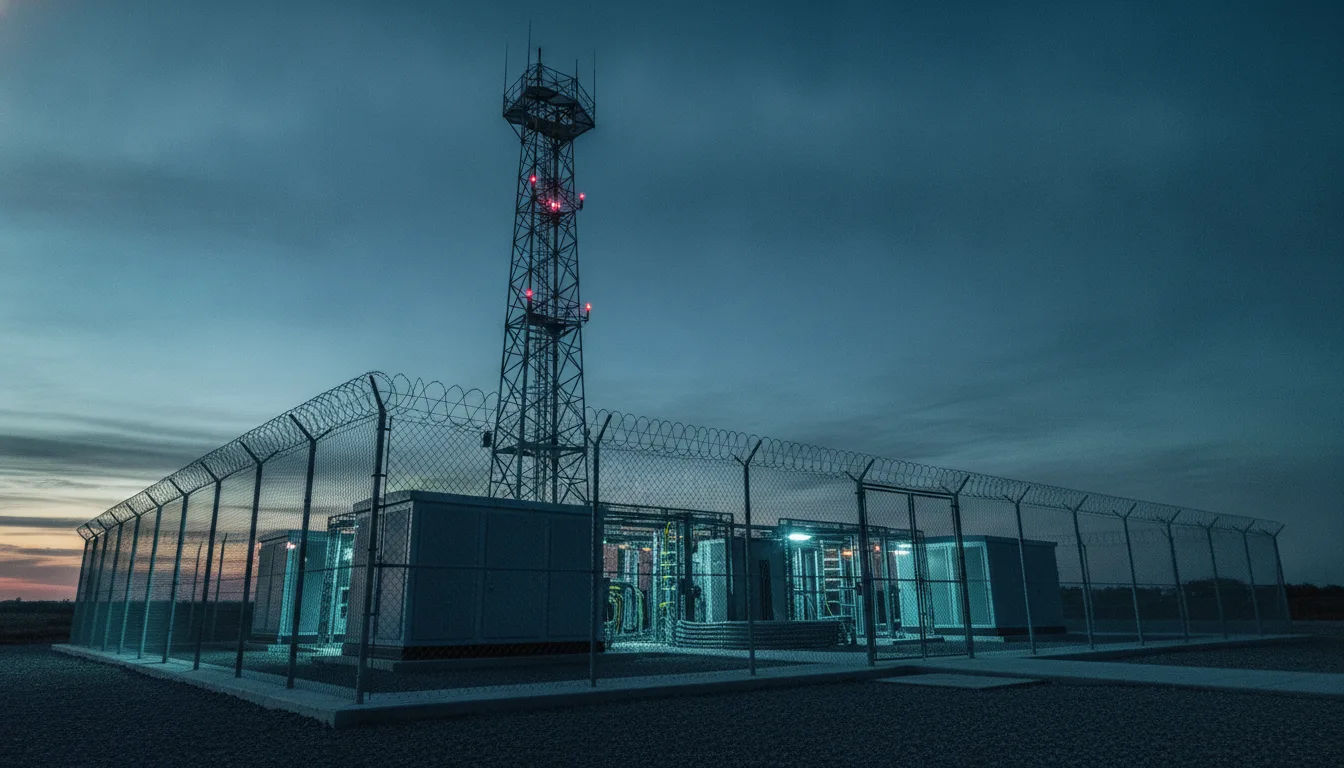 Communications mast behind a fenced technical compound at dusk