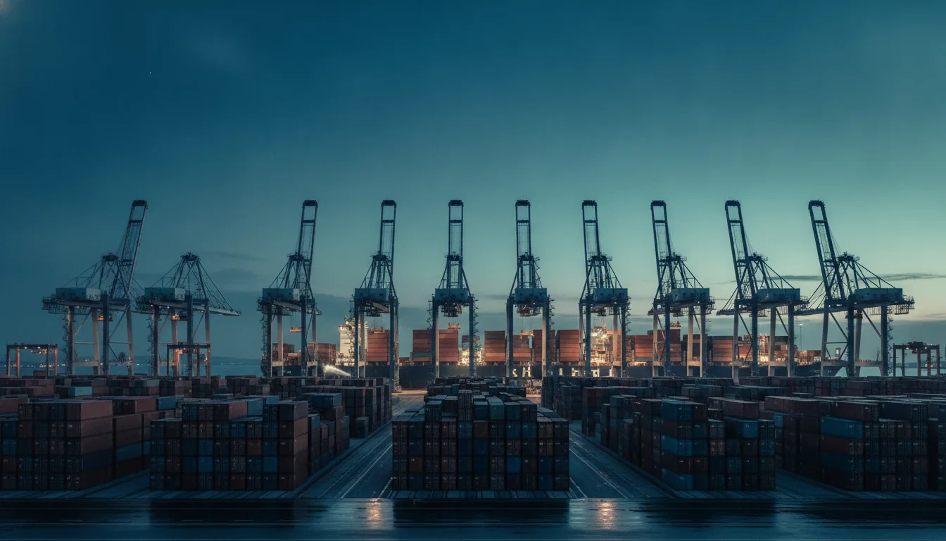 Containerterminal zur blauen Stunde mit Portalkraenen und Schiff an der Kaikante
