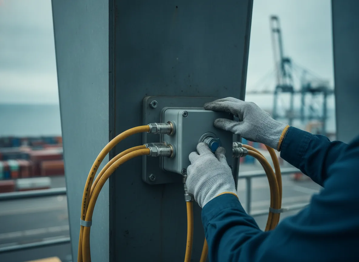Hands closing a rugged industrial fiber optic box on a crane leg in a container terminal