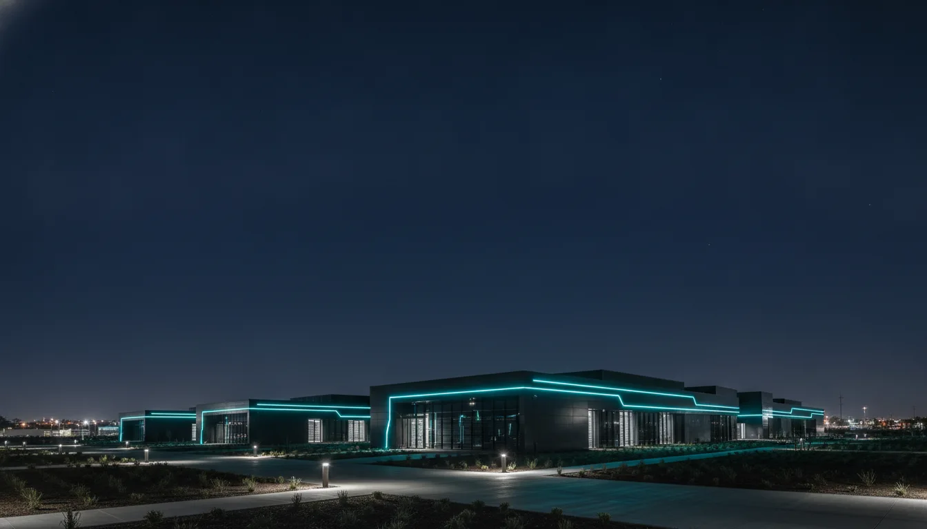 Modern data center campus at night with teal light lines