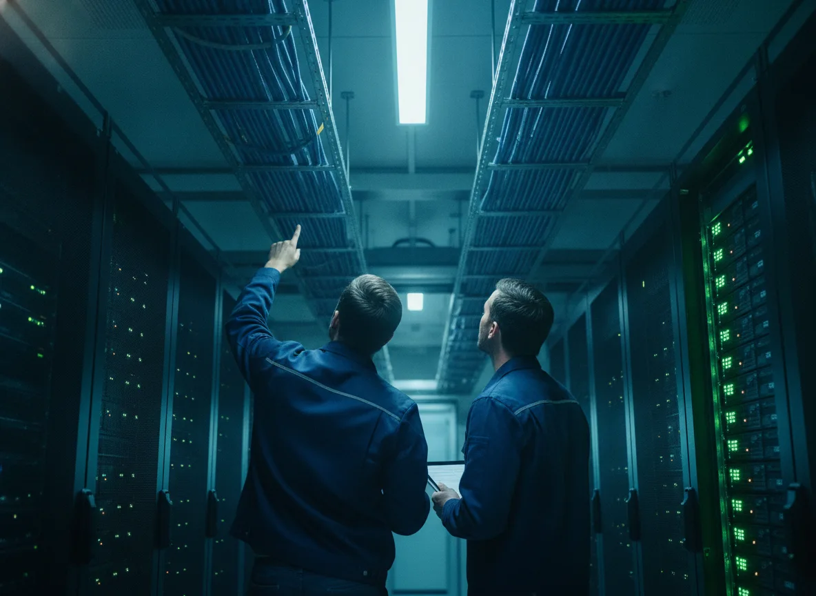 Data center engineers reviewing fiber trunk routes above cable trays