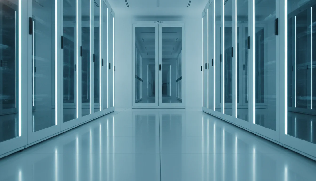 Bright white data center cold aisle with teal LED accents