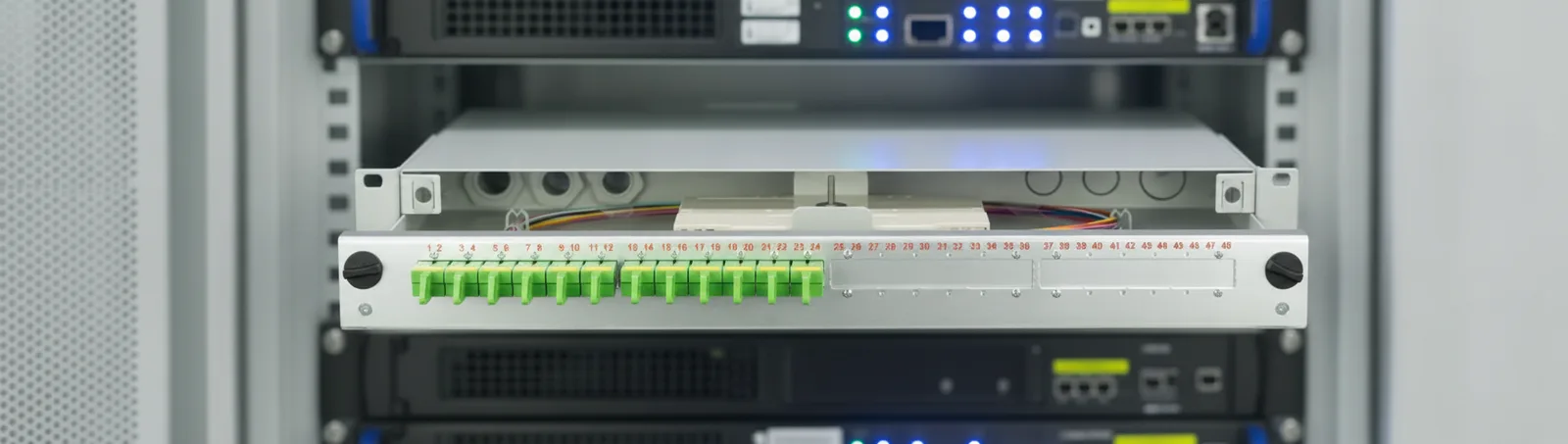 19-Zoll-Baugruppenträger mit E-2000-Modulen im Rechenzentrums-Rack