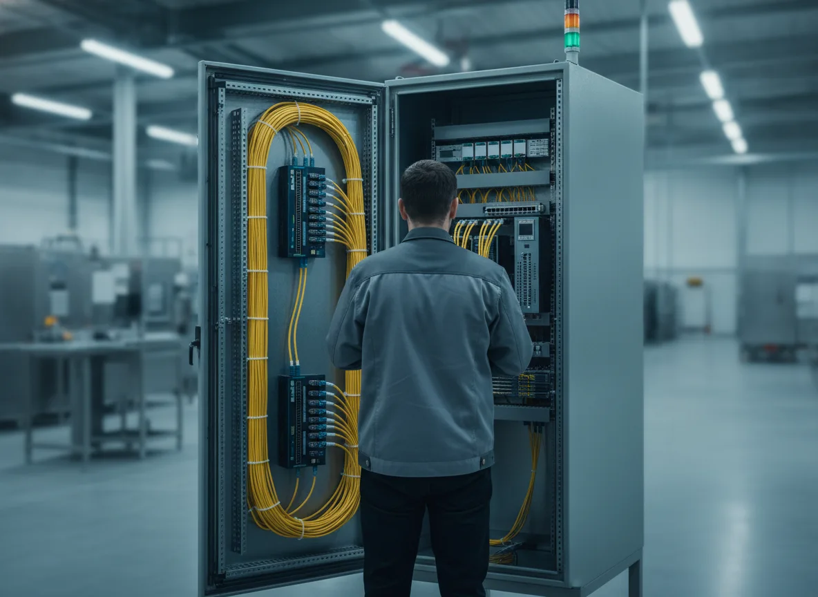 Automatisierungstechniker am offenen Schaltschrank mit Glasfaserkabeln in einer Produktionshalle