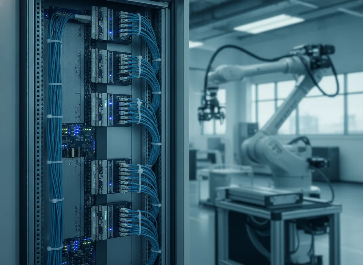 Industrial control cabinet with fiber cabling and robotic arm on a smart factory floor