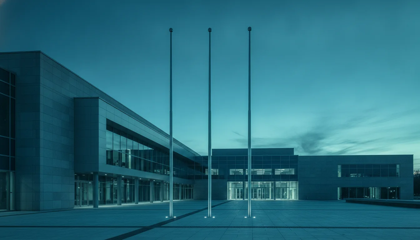 Fahnenmasten vor einem modernen Verwaltungsgebäude in der Abenddämmerung