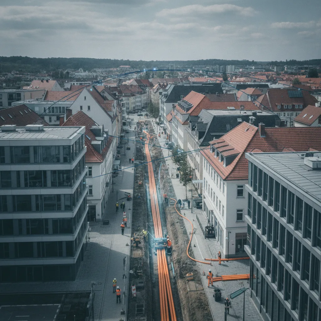 FTTH-Glasfaserausbau in einer deutschen Stadt aus der Vogelperspektive