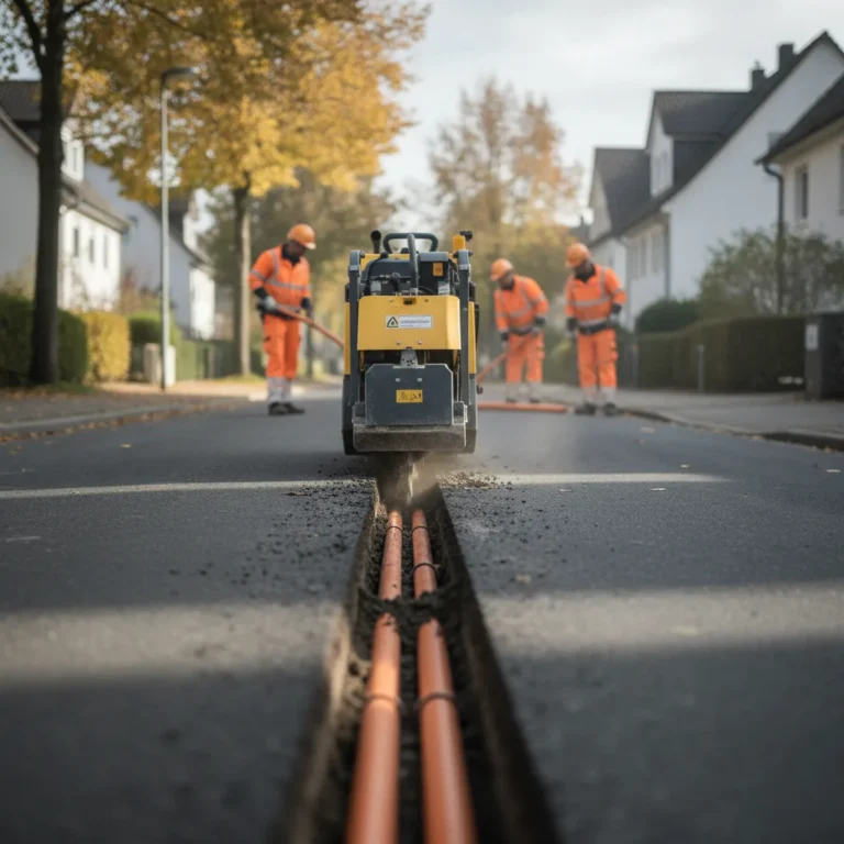 Grabenfräse beim Glasfaser-Tiefbau in einer Wohnstraße mit verlegten Leerrohren