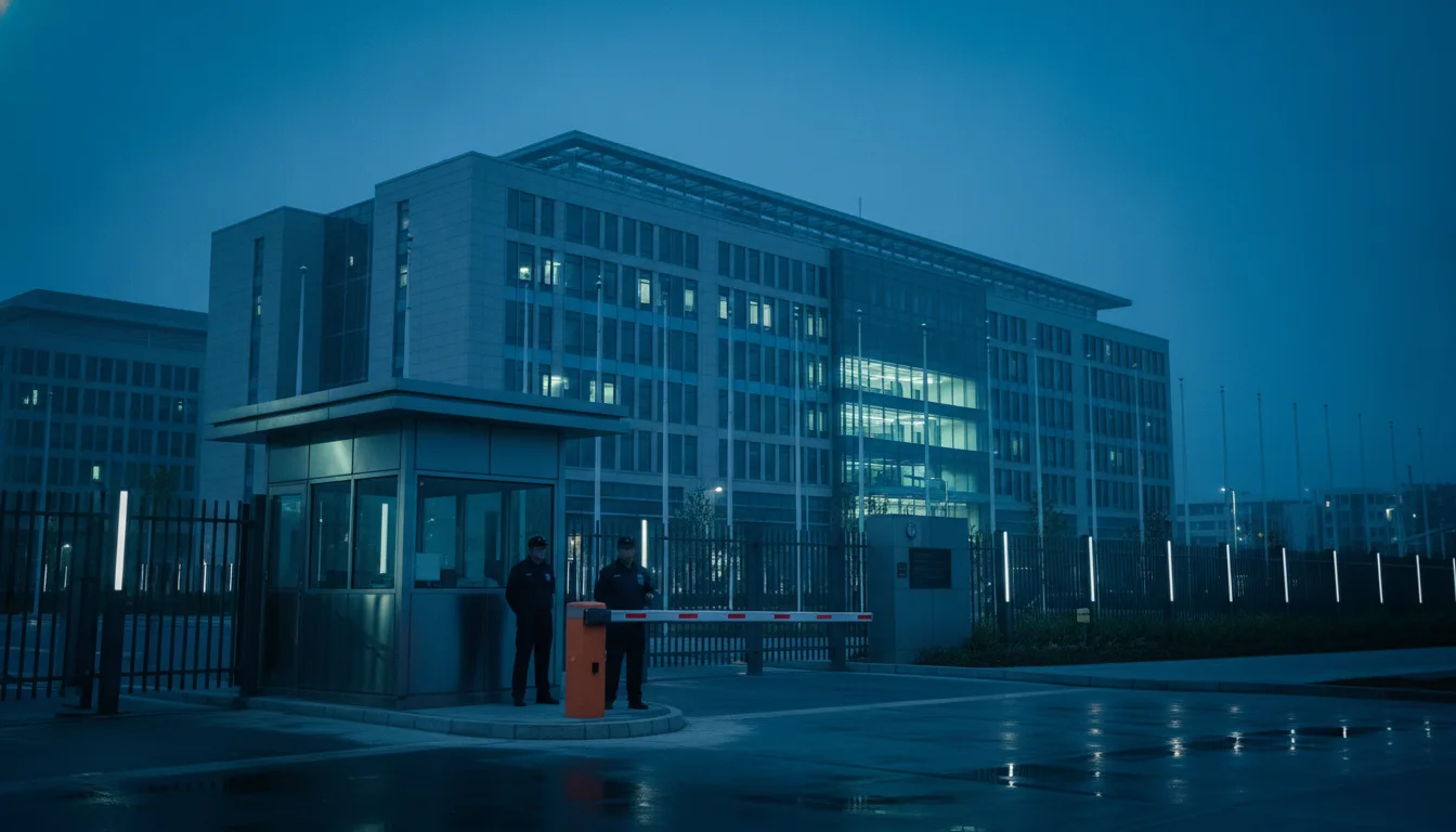 Gesicherter Technologie-Campus einer Behörde mit Tor, Schranke und Wachhaus zur blauen Stunde