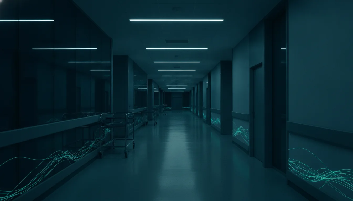 Dark modern hospital corridor at night