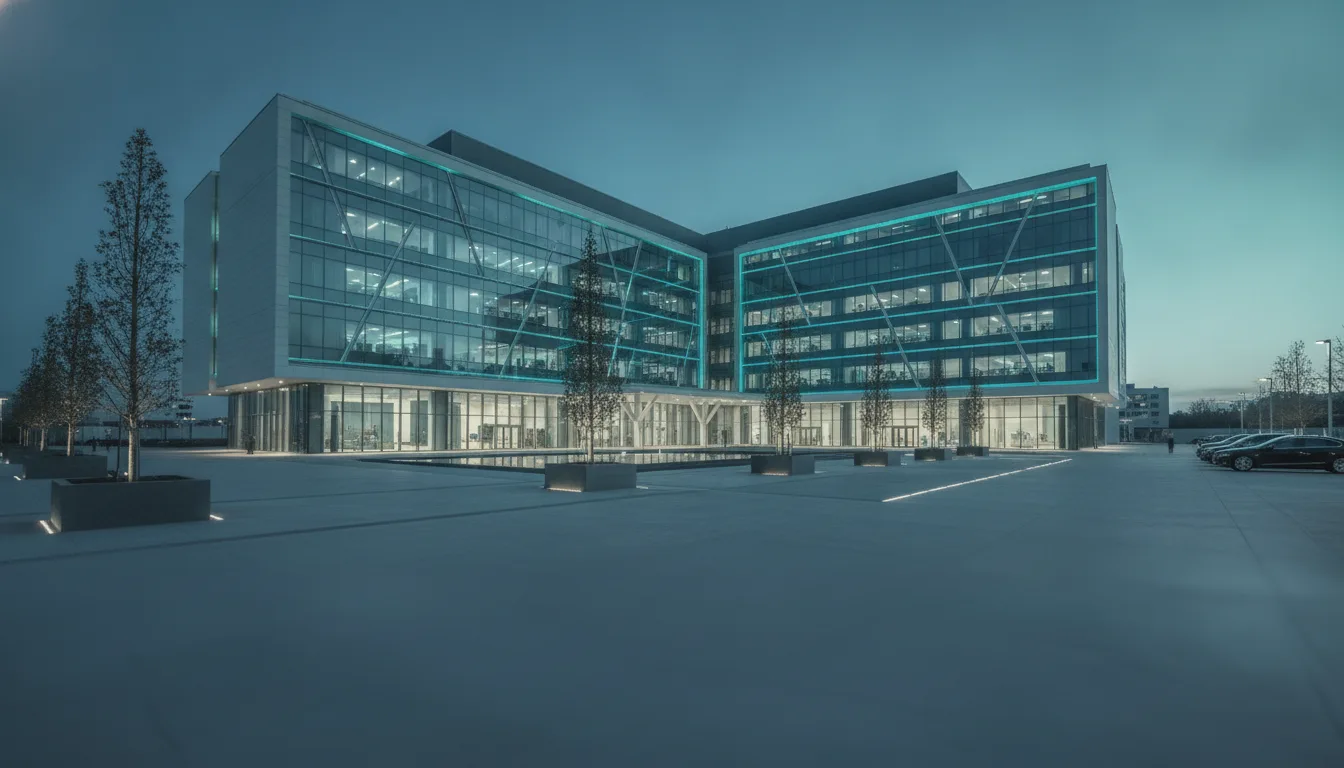 Modern hospital building at blue hour