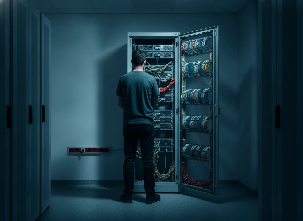 Technician at an open network rack in a hospital technical room