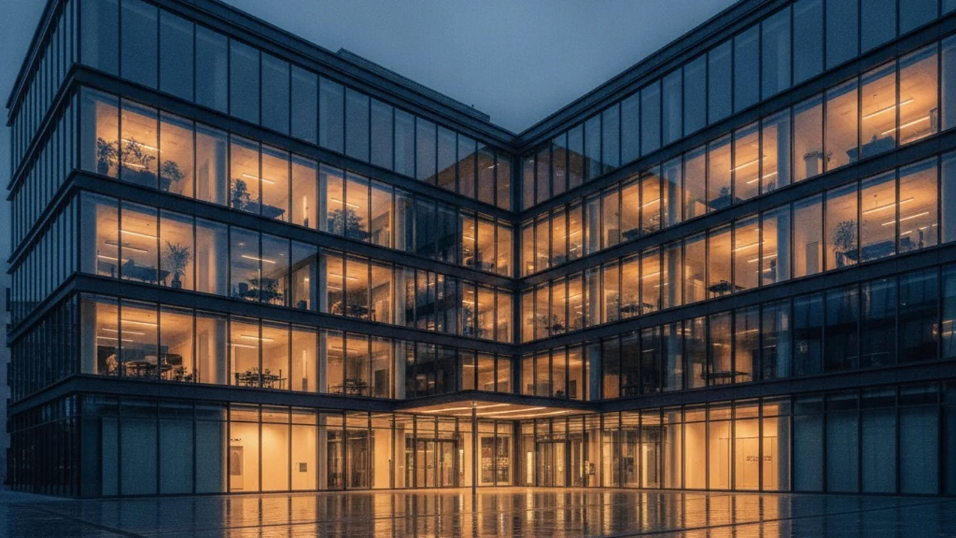 Modernes Bürogebäude mit Glasfassade am Abend, beleuchtete Etagen über einem Vorplatz