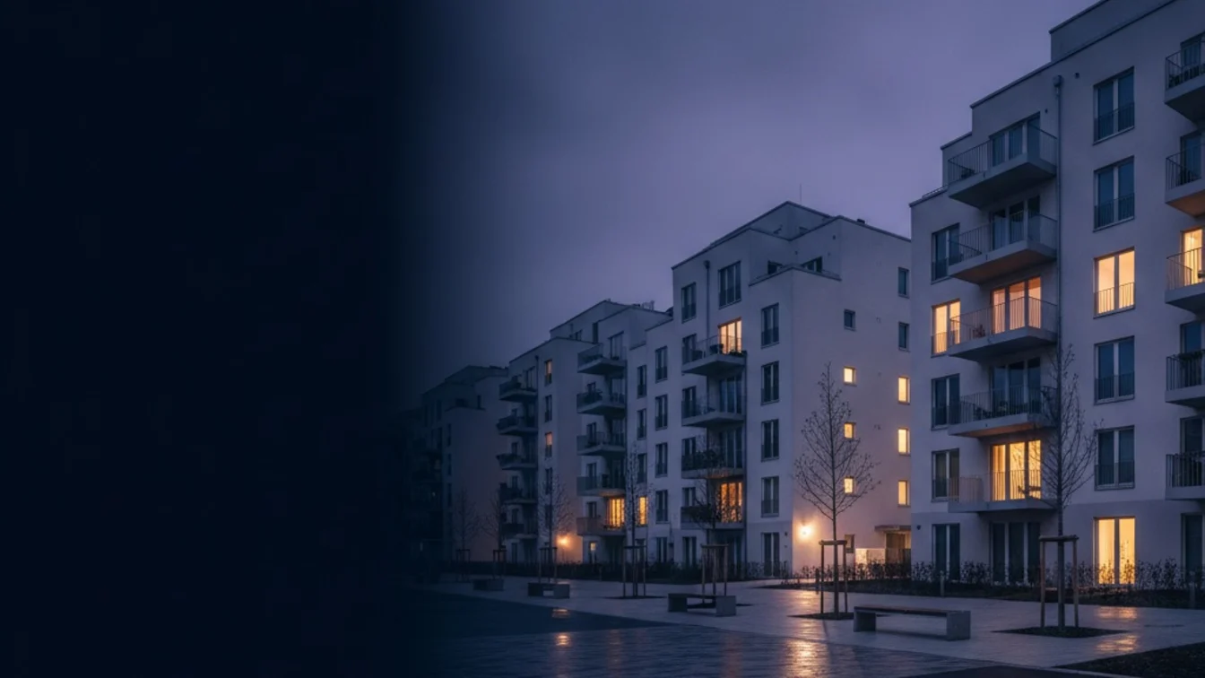 Wohnquartier zur blauen Stunde mit beleuchteten Mehrfamilienhäusern und ruhigem Innenhof