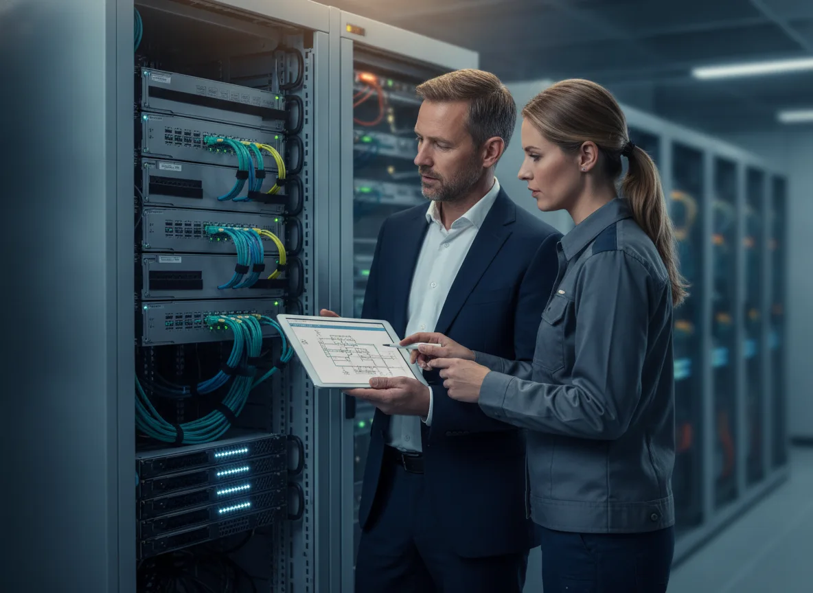 IT consultant and technician reviewing a cabling plan at a network rack