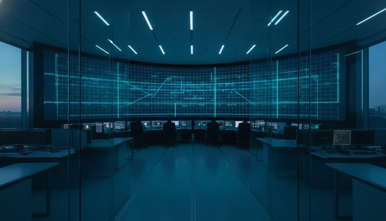 Energy utility control room with large display walls in cool blue light