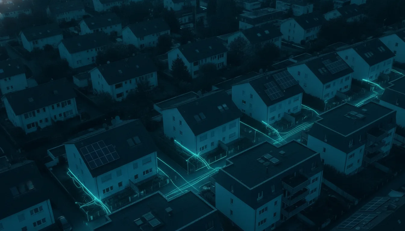 Suburban rooftops at dusk with faint fiber network glow