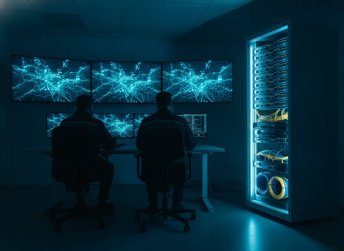 Utility engineers at a network monitoring desk with fiber rack