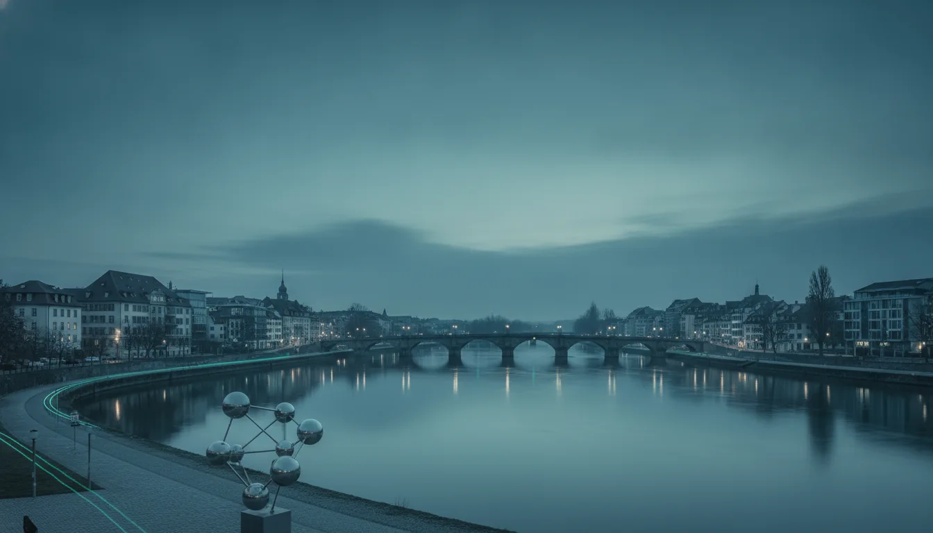 European riverside town at dawn with fiber light trails