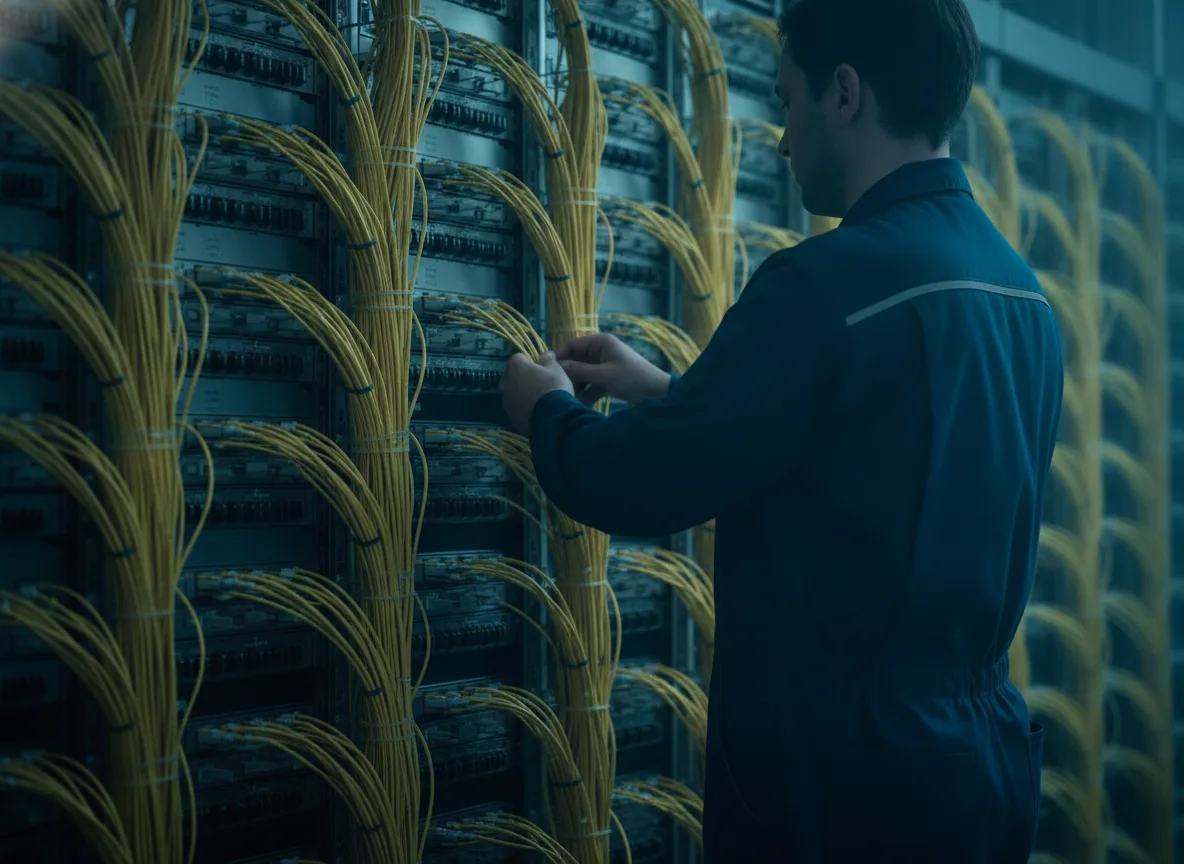 Technician patching fiber jumpers at a large optical distribution frame