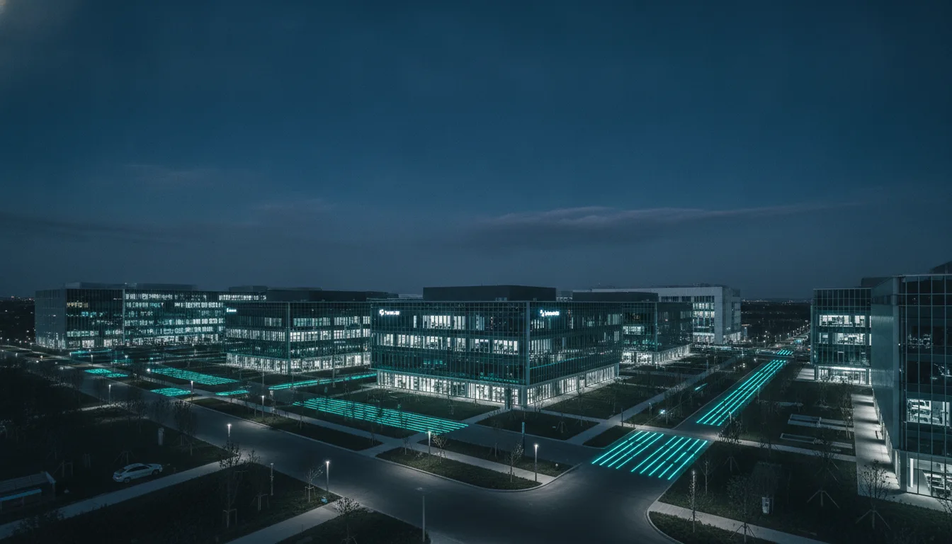 Modern office park at dusk