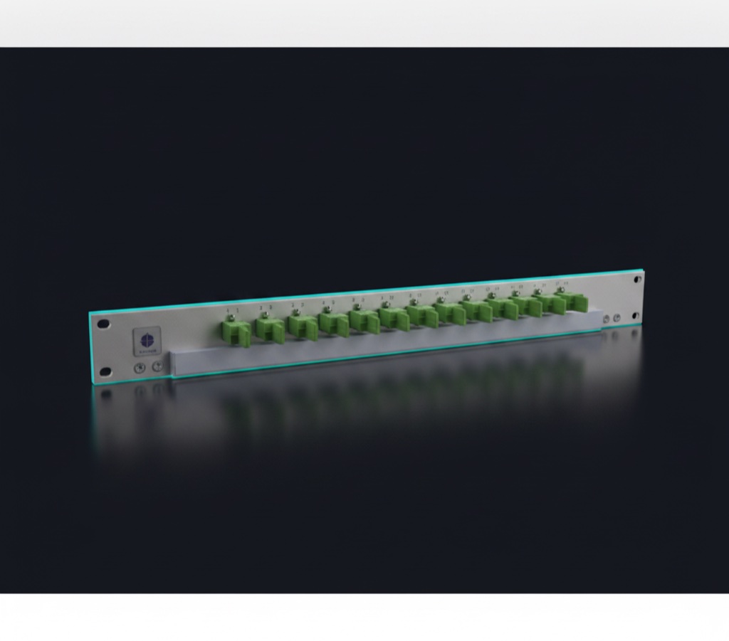 19-Zoll-Patchpanel mit einer Reihe grüner Steckverbinder, schräg von vorn auf dunklem Grund