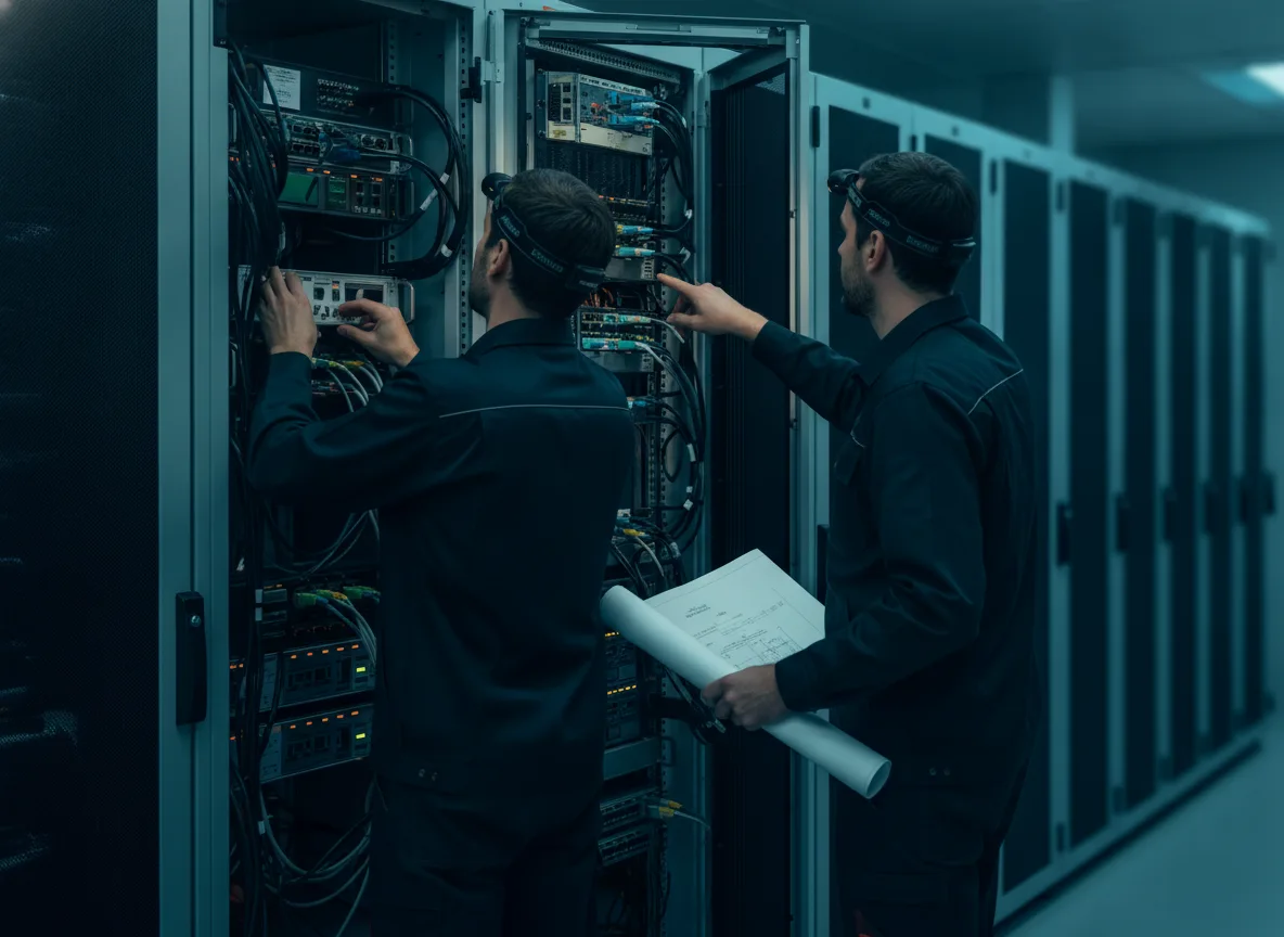 Zwei Netzwerktechniker beim Einbau eines Glasfaser-Patchfelds in ein 19-Zoll-Rack