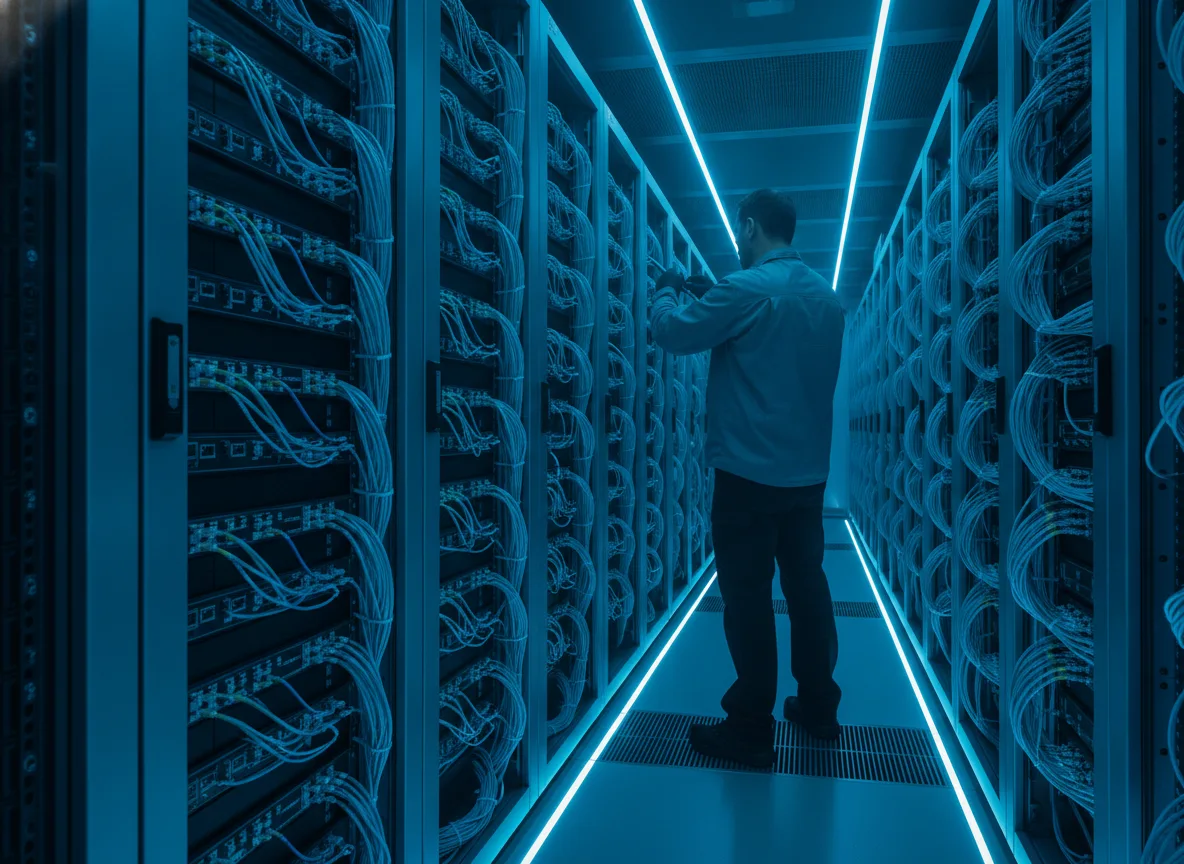 Techniker am High-Density-Verteiler im Kaltgang eines Rechenzentrums