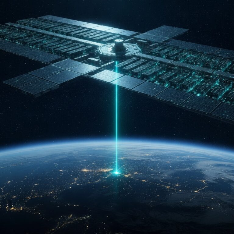 Orbitales Rechenzentrum mit Solar-Panels sendet einen teal Laser-Downlink zur Erde