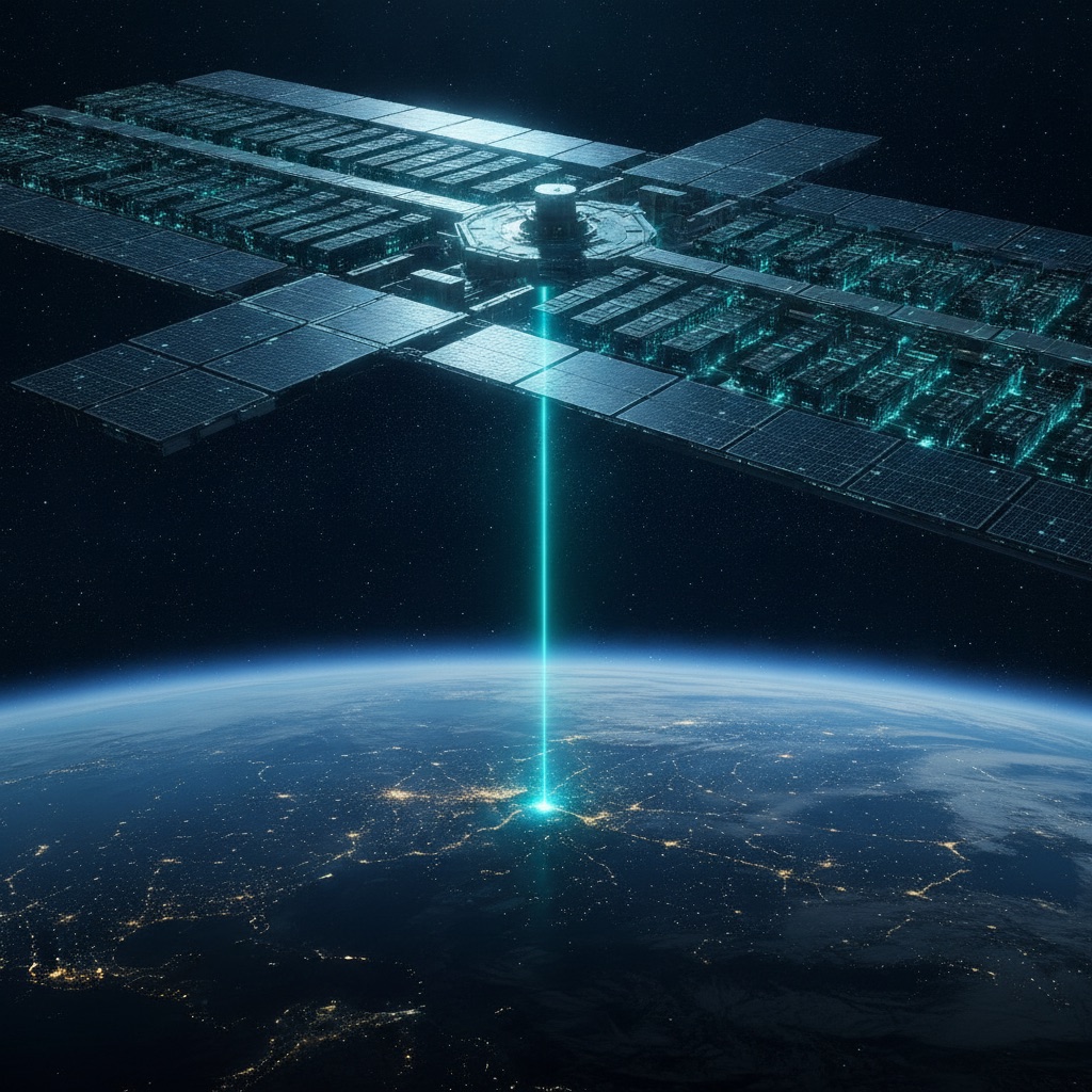 Orbitales Rechenzentrum mit Solar-Panels sendet einen teal Laser-Downlink zur Erde