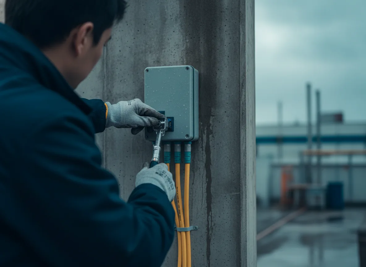 Technician closing a rugged fiber optic box on a concrete wall