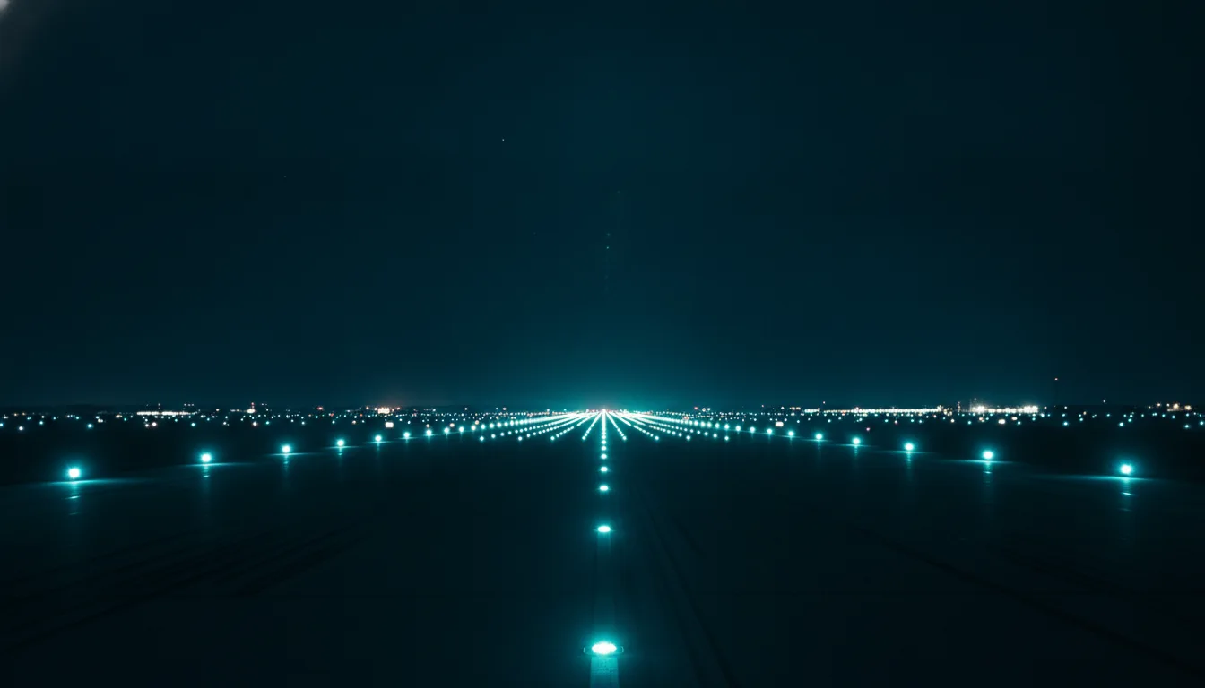 Startbahn bei Nacht mit Anflugbefeuerung zum Horizont