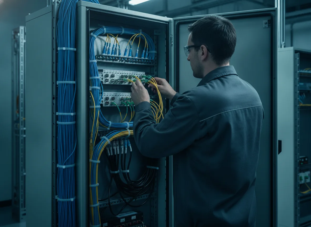 Technician connecting yellow fiber optic pigtails in a substation protection cabinet